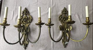 Private Georgian Bronze French Pair Wall Sconces Crystal 3 Arm Rewired