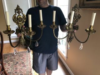PRIVATE Georgian Bronze French Pair Wall Sconces Crystal 3 Arm Rewired 2