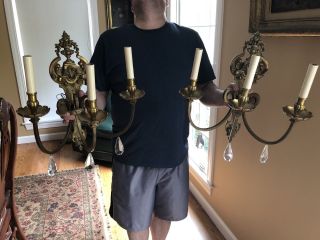 PRIVATE Georgian Bronze French Pair Wall Sconces Crystal 3 Arm Rewired 3