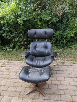 Doerner Faultless Mid Century Black Leather Chair And Ottoman Vintage Eames Era