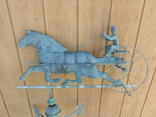 Antique Copper Sulky Jockey Horse Carriage Buggy Weathervane With Directionals