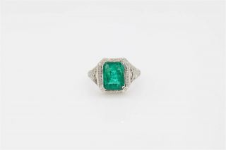 Antique 1920s $5000 3ct Colombian Emerald 14k White Gold Filigree Ring