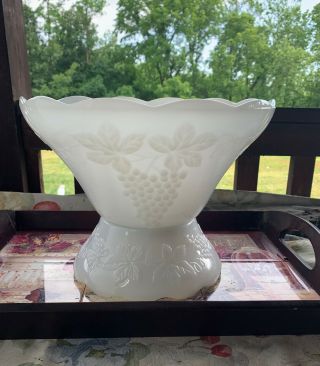 Vintage Anchor Hocking Milk Glass Grape Pattern Punch Bowl And Stand 9 1/2 " Tall