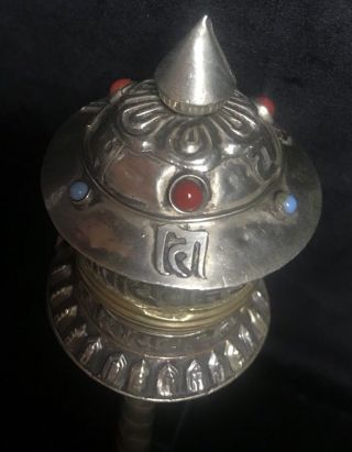 Antique Tibetan Copper Silver Prayer Wheel Coral Turquoise Stone Inlay W Scroll