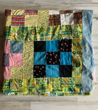 Vintage Handmade 9 Square Patchwork Pattern Quilt Topper 60s 70s 76”x 82”