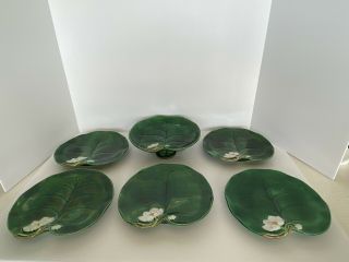 Antique George Jones Majolica Pottery 5 Plates & Footed Compote Server Pond Lily