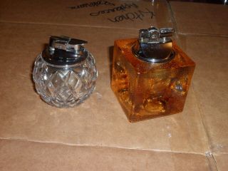 Vintage MCM Round Diamond Cut Crystal Ronson Table Lighter & Amber Glass Square 2