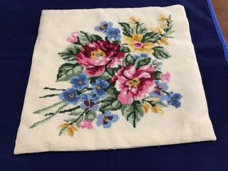 Needlept Vintage Finished Floral Pillow Multi 15 " Square/satin Zipper Back (695