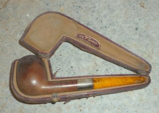 Vintage Cased Smoking Pipe With Silver Band,  Amber Stem