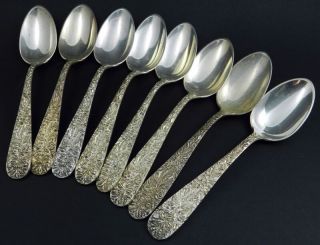 Set Of 8 Hennegen - Bates Co.  Floral Sterling Silver Spoons