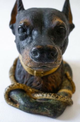 Antique 19thc Cold Painted Bronze Viennese Doberman Pinscher Dog Inkwell Encrier