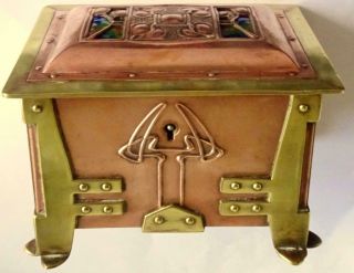 Copper/Brass/Enamel Arts & Crafts Box: Liberty & Co,  Archibald Knox,  AE Jones 2
