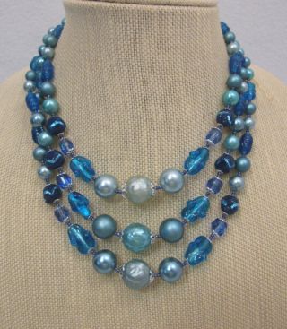 Vintage Japan Triple Strand Blue Faux Pearls & Glass Beads Necklace