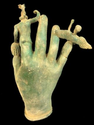 RARE ANCIENT ROMAN BRONZE LIFE SIZED HAND STATUE WITH 5 STATUES - 200 - 400 AD 2