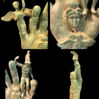 RARE ANCIENT ROMAN BRONZE LIFE SIZED HAND STATUE WITH 5 STATUES - 200 - 400 AD 3