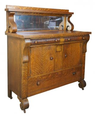 National Furniture Antique Empire Quartersawn Oak Buffet Or Sideboard & Mirror
