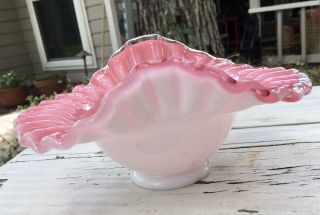 Vintage Fenton Pink & White Cased Glass Ruffles Silver Crest 7 In Bowl