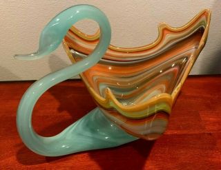 Murano Style Vintage Hand Blown Art Glass Swan Centerpiece Bowl Dish Mid Centur