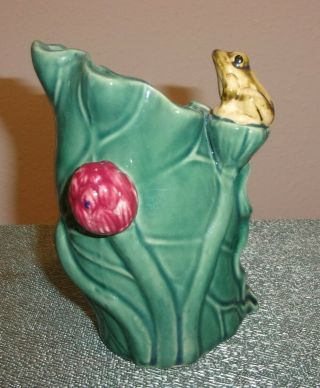 Vintage 32 Green Majolica Art Pottery Vase Planter Frog - On - Lilypad