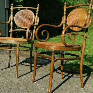 4 Antique Fancy Italian Thonet Cane Bentwood Arm Throne Captain Parlor Chairs