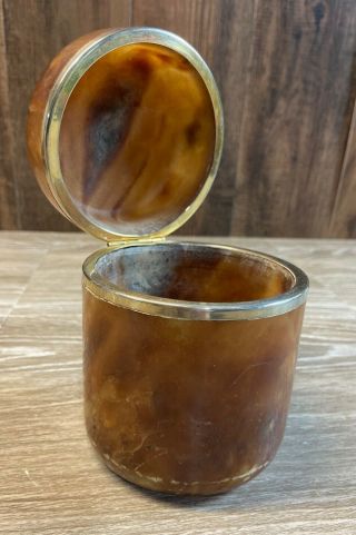 Vintage Stone Tobacco Jar Hinged Lid Caramel Color With Metal Trim Humidor