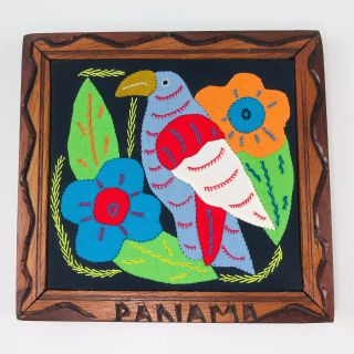 Hand Sewn Cloth Parrot Picture Vtg Panama Native Folk Art Textile Floral Framed