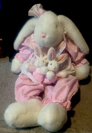 23 " Vintage Easter Bunny Rabbit/babies In Pink Dress Stuffed Animal Plush Toy