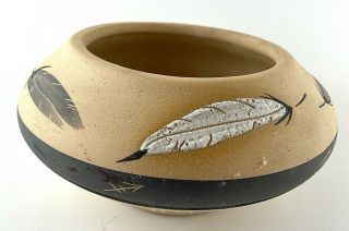 Grey Feather Bowl By Desert Pueblo Pottery 1985 Vtg Raised Foam Feather Signed