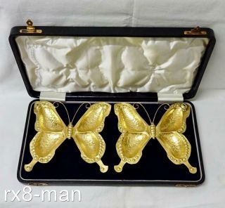 Stunning 1924 Arts & Crafts Solid Silver Gilt Pair Butterfly Trays Dishes Cased