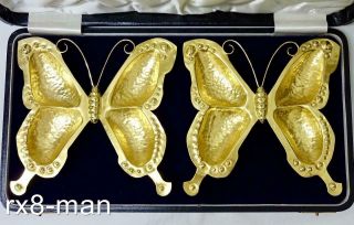 STUNNING 1924 ARTS & CRAFTS SOLID SILVER GILT PAIR BUTTERFLY TRAYS DISHES CASED 2