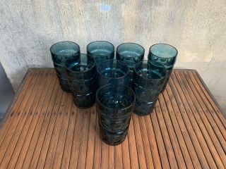 8 Vintage Teal Blue 5 1/2” Kings Crown Thumbprint Tumblers Indiana Glass