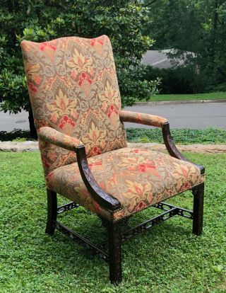 19th Century Carved Mahogany Upholstered George Iii Chippendale Library Chair