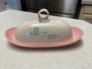 Vintage Mid Century Modern Vernon Ware Metlox Tickled Pink Covered Butter Dish