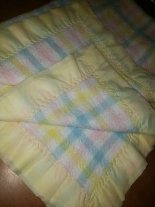 Vintage Chatham Yellow Blue Pink Baby Blanket Satin Trim 48 X 38