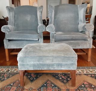 Pair: Classic Wingback Chairs In Chippendale Style With Matching Footstool