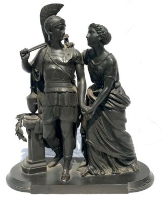 Antique Bronze Sculpture Of Greek Soldier And Woman Signed By Huzel