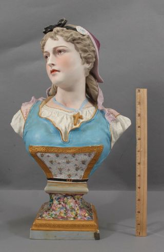 Large Antique French Victorian Period Hand Painted Porcelain Bisque Bust,  Woman