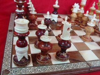 Antique Wooden Chess Set Hand Carving & Painting Bone Decoration (board Incl. )