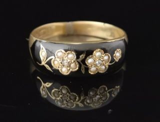 Antique Victorian 15ct gold mourning ring,  black enamel,  diamond and pearl,  forg 2