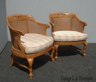 Vintage French Country Oak Cane Back Club Chairs W Plaid Cushions