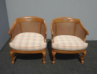 Vintage French Country Oak Cane Back Club Chairs w Plaid Cushions 2