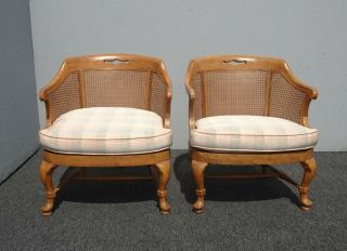 Vintage French Country Oak Cane Back Club Chairs w Plaid Cushions 3