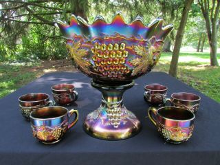 Northwood Grape & Cable Antique Carnival Glass Complete 8 Pc.  Punch Set Purple