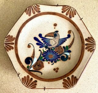 Vintage Mexican Tonala Folk Art Handmade Bird & Flowers Pottery Ceramic Plate