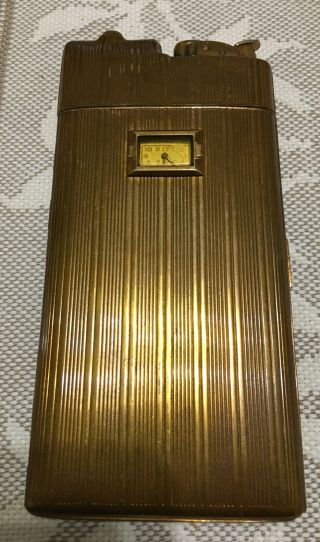 Vintage Evans Cigarette Case Lighter In Gold Plate With Clock Made In Usa