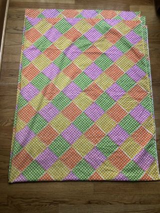 Vintage 70s 80s Checkered Flat Bed Sheet Twin Orange Green Pink Yellow