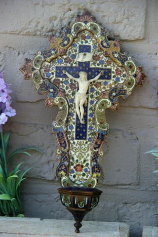Rare Top Antique French Cloisonne Enamel Crucifix Copper Holy Water Font