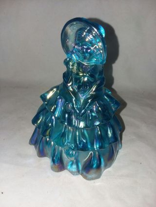 Vintage Wheatonware Carnival Glass Doll Blue Girl Bonnet And Purse Art Glass 60s