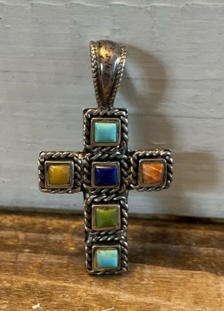 Vintage Sterling 925 Silver Multi Stone Turquoise Coral Cross Necklace Pendant