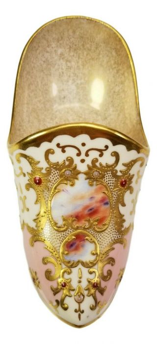 Antique Coalport Jeweled Scenic Gold Gilt Porcelain Slipper Shoe Gorgeous
